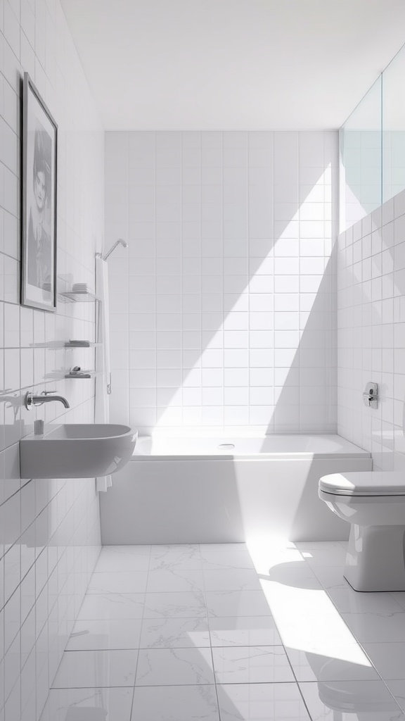 A modern bathroom with glossy white tiles, bright natural light, and minimalist design.