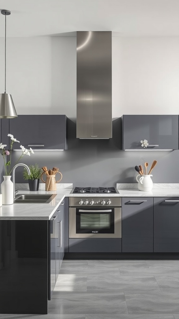 Modern kitchen with glossy grey cabinets and stainless steel appliances