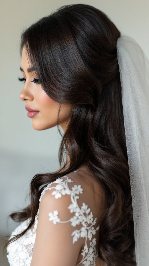 A woman with glossy straight hair styled in a side part, wearing a delicate veil and an elegant bridal gown.