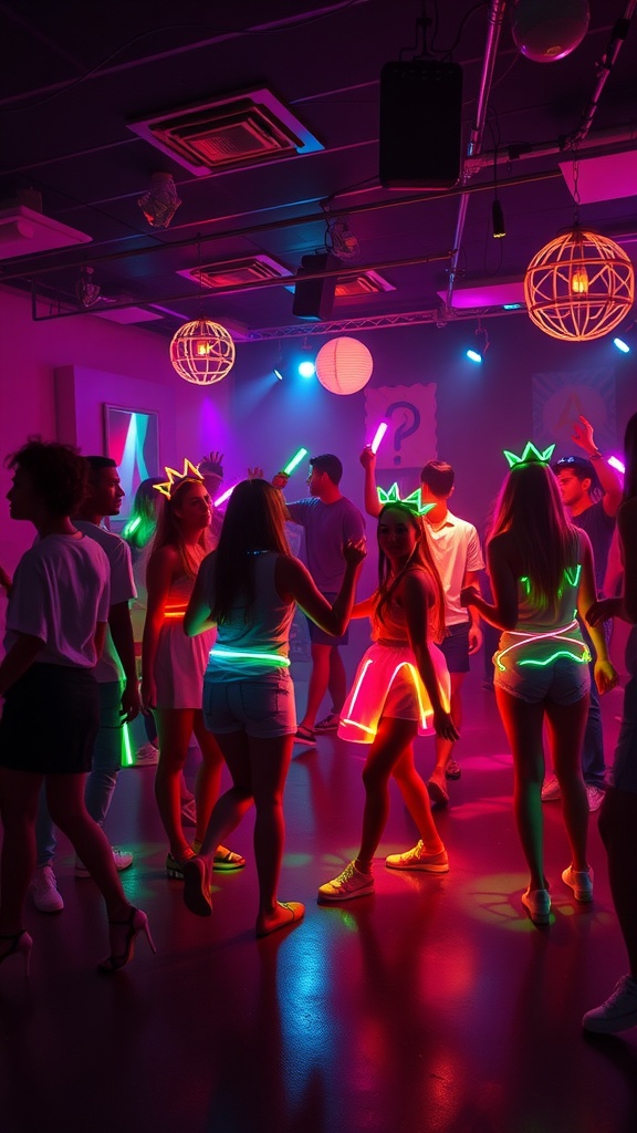 A lively glow-in-the-dark dance party with people wearing neon lights and accessories.