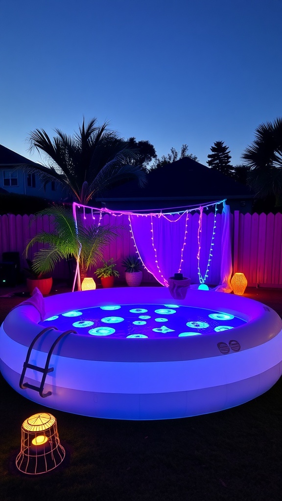 A backyard inflatable pool illuminated with colorful lights at night, surrounded by plants and decorative lanterns.