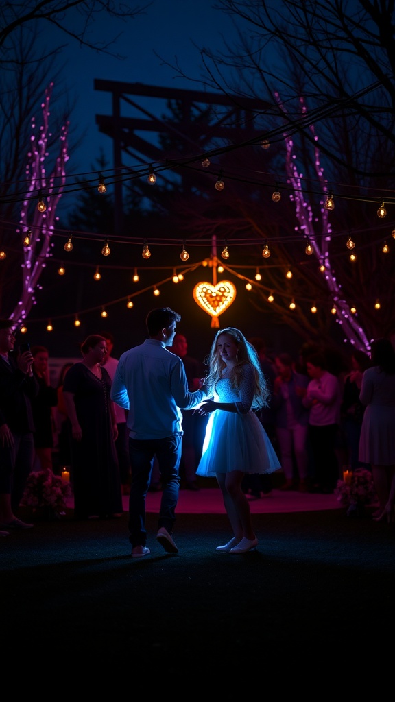 A couple holding hands in a glowing outdoor setting during a gender reveal party.