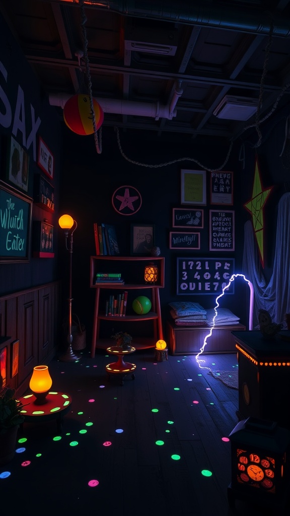 Cozy indoor room with glowing decorations and colorful objects, perfect for a glow-in-the-dark treasure hunt.