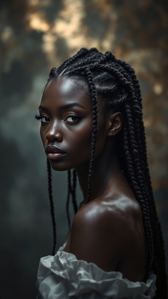 A person with goddess box braids, showcasing a stylish hairdo