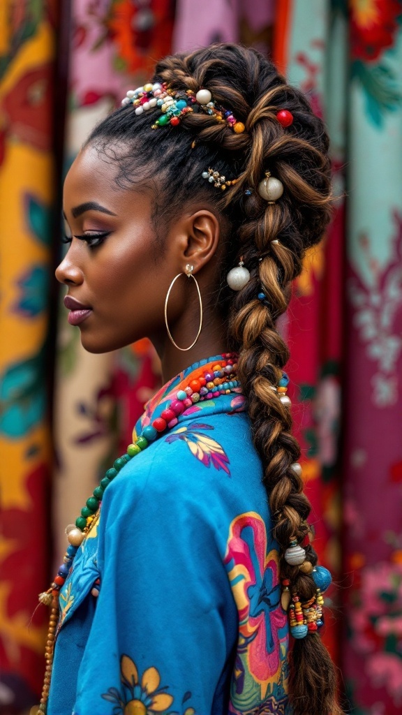 A woman with a goddess braid ponytail adorned with colorful beads and accessories.