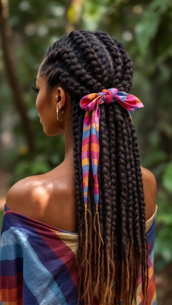 A woman showcasing goddess braids adorned with a colorful scarf, embodying a boho hairstyle.