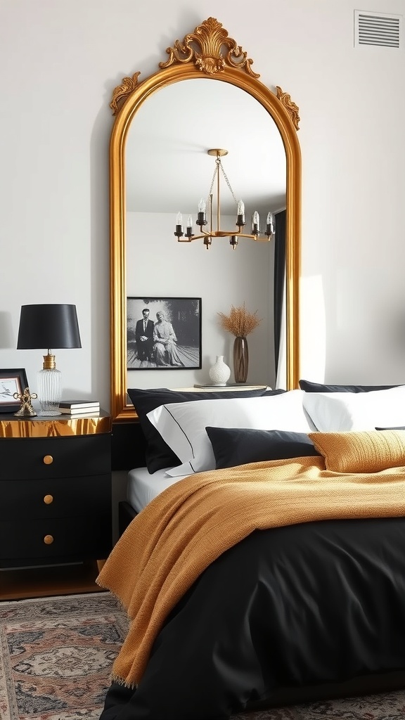A stylish bedroom featuring a large gold accented mirror, black bedding, and warm decor elements.