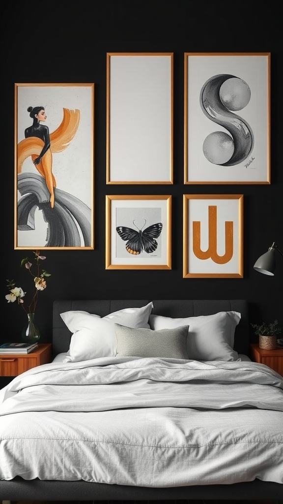 A stylish bedroom with gold accented wall art featuring various designs against a black wall.