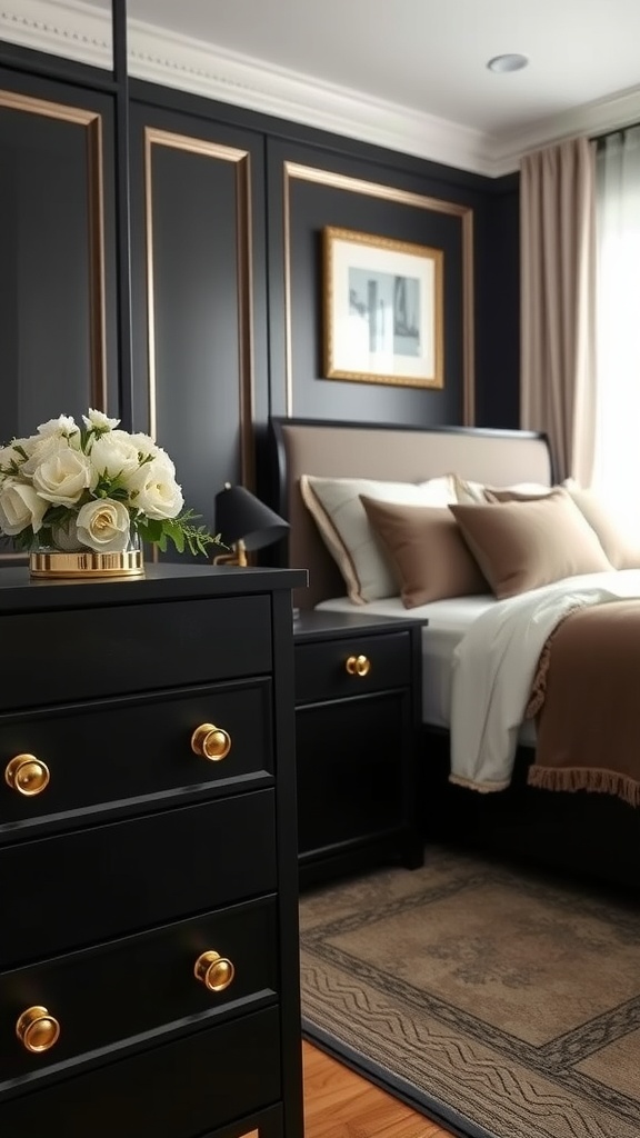 A stylish bedroom featuring black furniture with gold accents, showcasing a dresser with gold knobs and elegant decor.