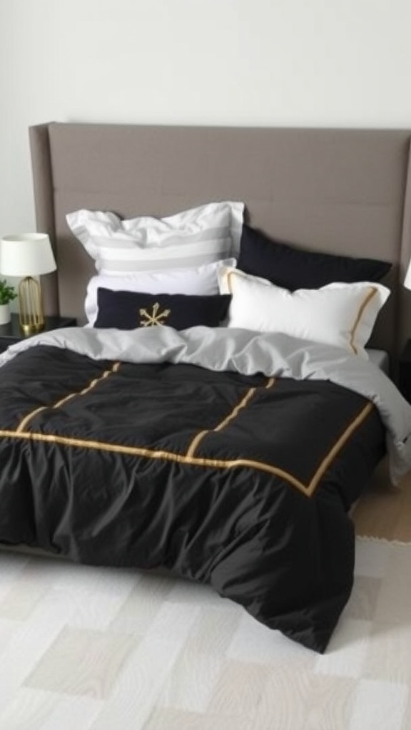 A black and gold themed bedroom featuring a bed with a black comforter and gold accents, surrounded by various decorative pillows.