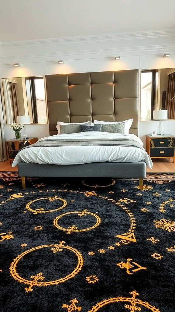 A stylish black area rug with gold patterns in a modern bedroom setting.