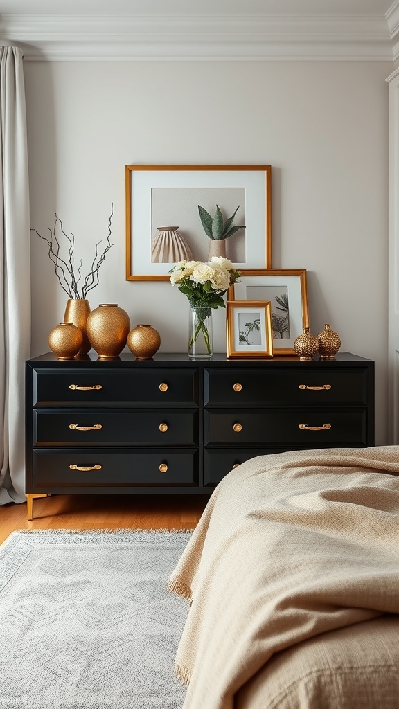 A stylish black dresser with gold decorative accessories, including vases and picture frames, in a modern bedroom setting.