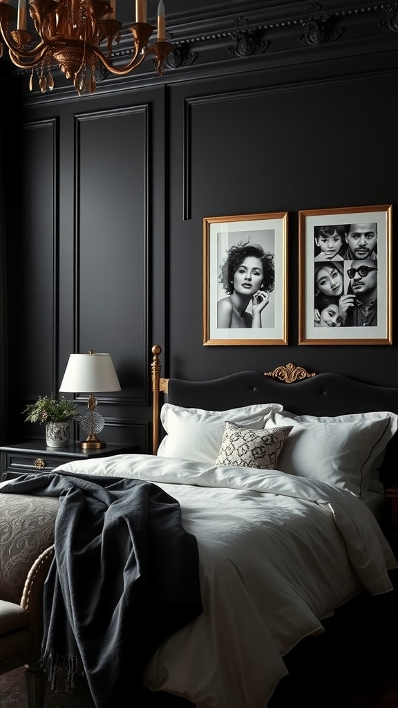 A stylish black and gold bedroom featuring gold framed photos.
