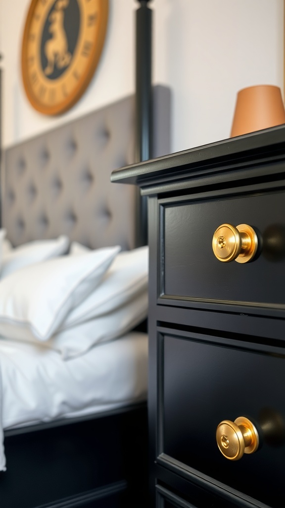 A close-up view of a black nightstand with gold knobs and a tufted headboard in the background.