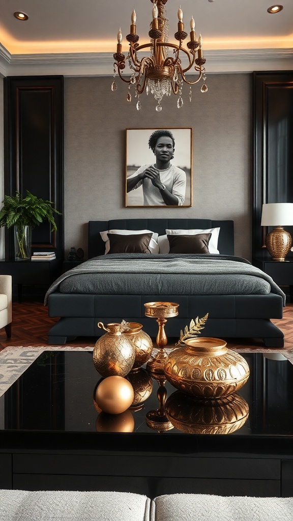 A stylish bedroom featuring gold leaf accents, including a chandelier and decorative items on a coffee table.