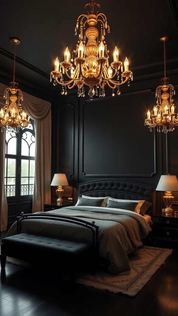 Elegant black and gold bedroom featuring ornate gold chandeliers and stylish table lamps