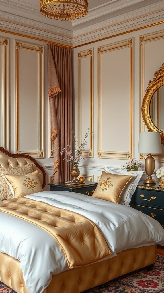 A luxurious bedroom featuring golden accents, a tufted bed with golden bedding, a chandelier, and ornate decorations.