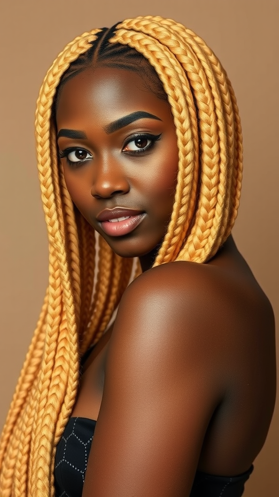 A person with golden blonde box braids styled beautifully.