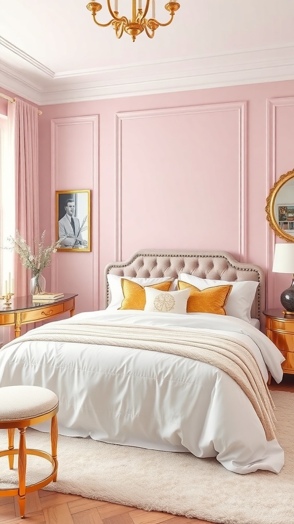 A stylish pink bedroom featuring gold accents, a plush bed with white and gold bedding, and elegant decor.