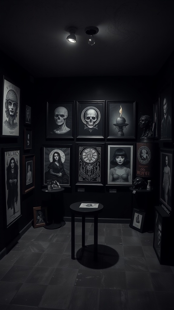 A dark room showcasing various gothic artworks and prints on the walls, including skulls and haunting portraits.