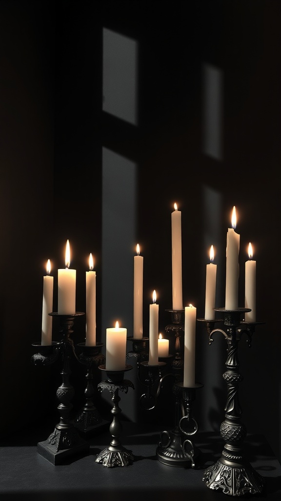 A beautiful arrangement of candles in gothic style candle holders, casting shadows on a dark wall.