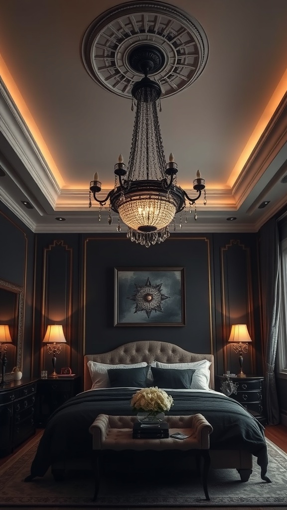 A gothic chandelier hanging from a ceiling in a dark-themed bedroom, featuring intricate designs and crystals.