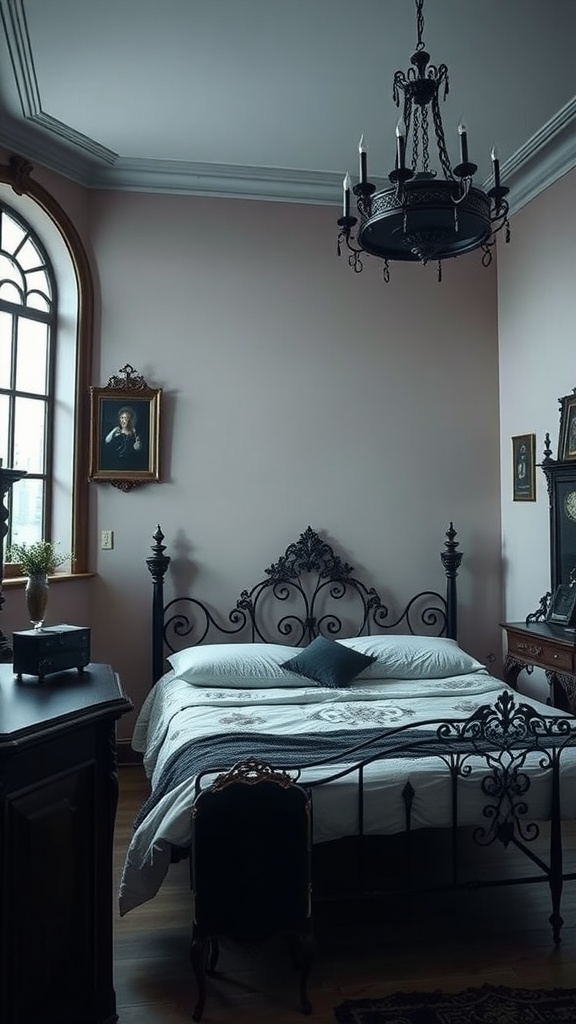 A gothic bedroom featuring a black iron bed frame, vintage decor, and a chandelier.