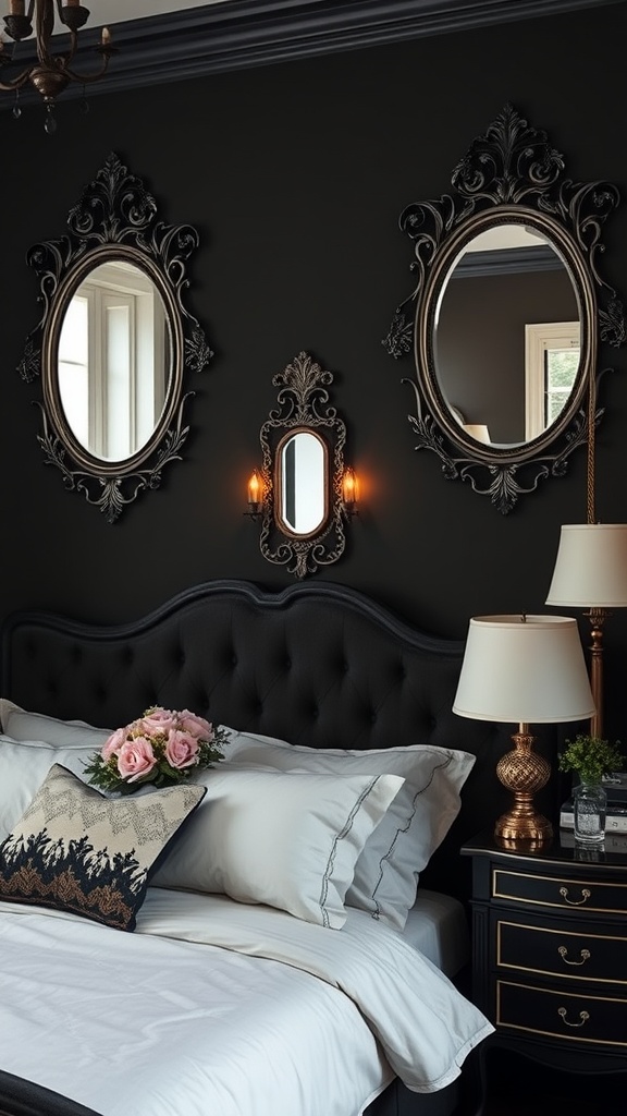 A gothic bedroom featuring ornate mirrors with intricate frames on dark walls, a plush bed, and stylish decor.