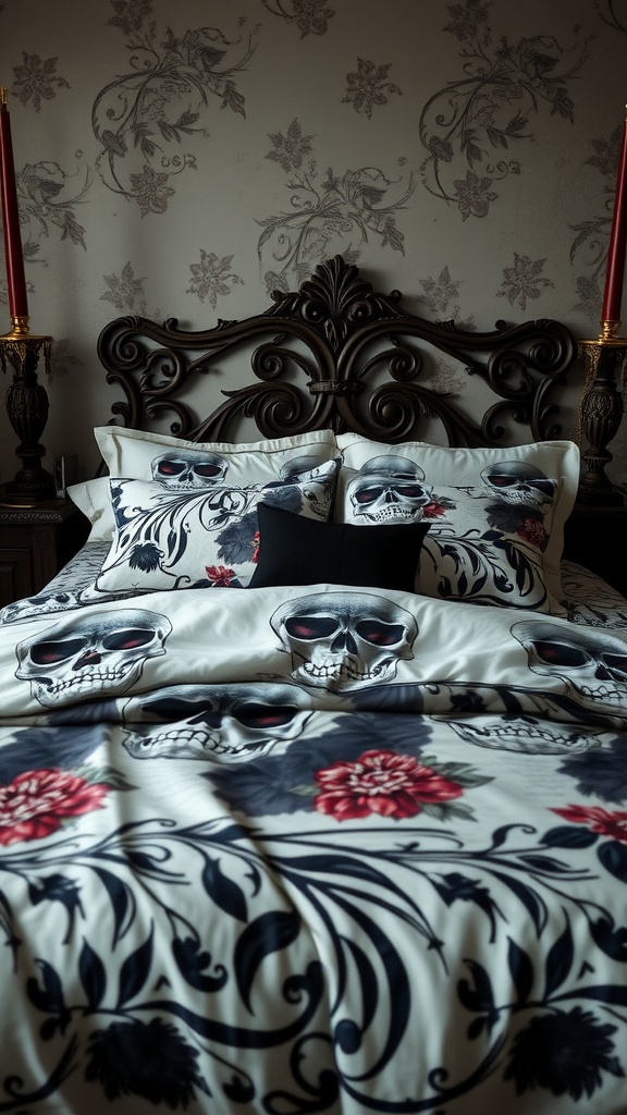 Gothic themed bedding with skull designs and floral patterns