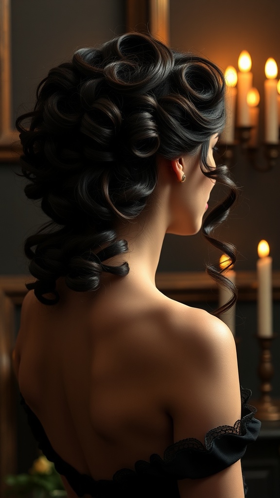 A woman with Gothic Victorian curls styled elegantly in a dimly lit setting.