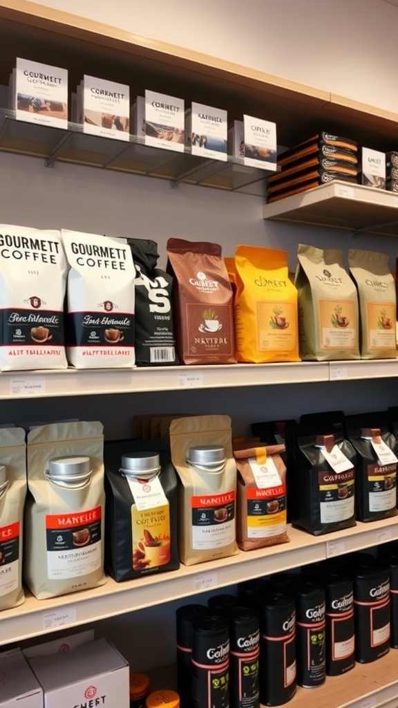 A shelf displaying a variety of gourmet coffee bags and boxes in an organized manner.