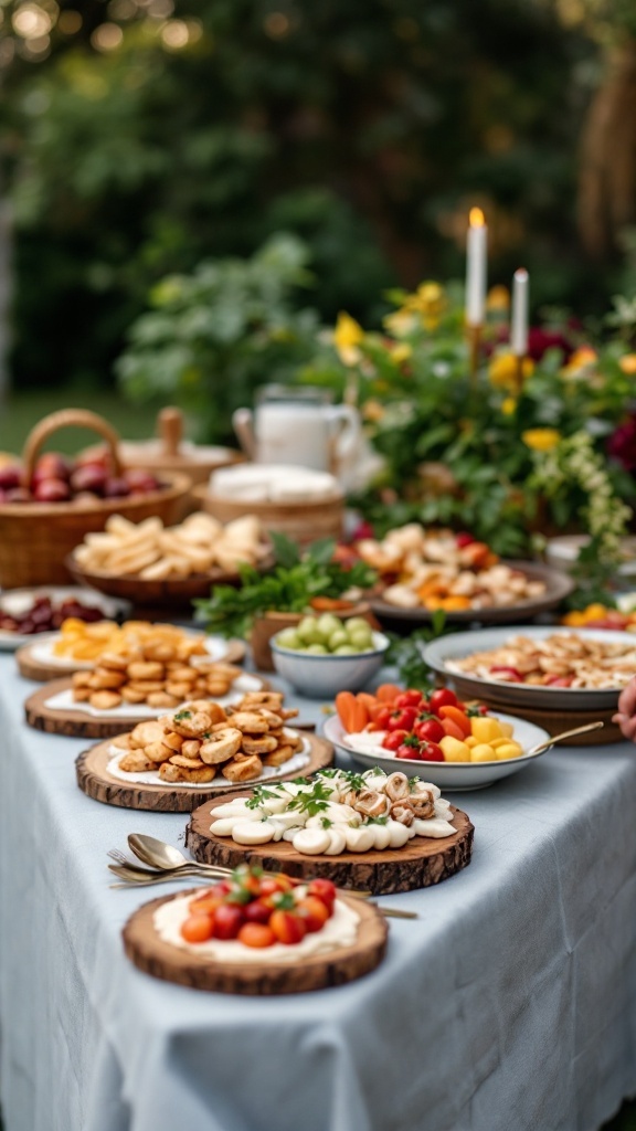 A gourmet food station with assorted dishes, fresh fruits, and beautiful presentations for a backyard engagement party.