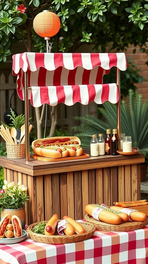 A gourmet hot dog stand with striped awning, various hot dogs, and toppings