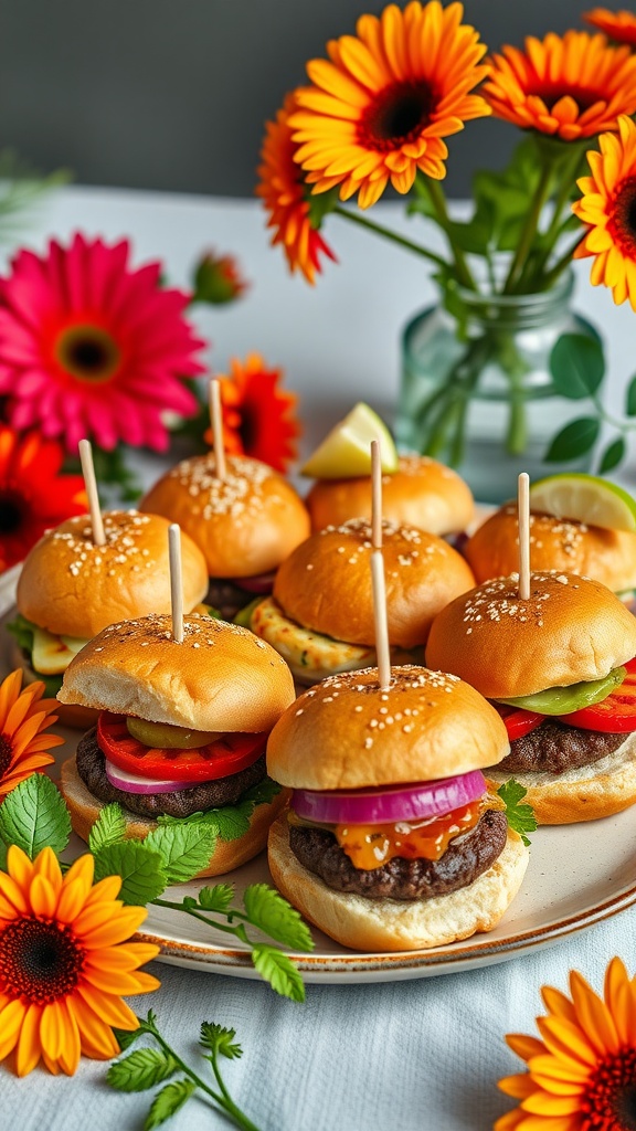 A plate of gourmet mini burgers with various toppings surrounded by vibrant flowers.
