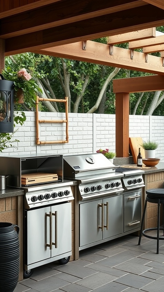 Modern outdoor kitchen with stainless steel appliances and wooden beams