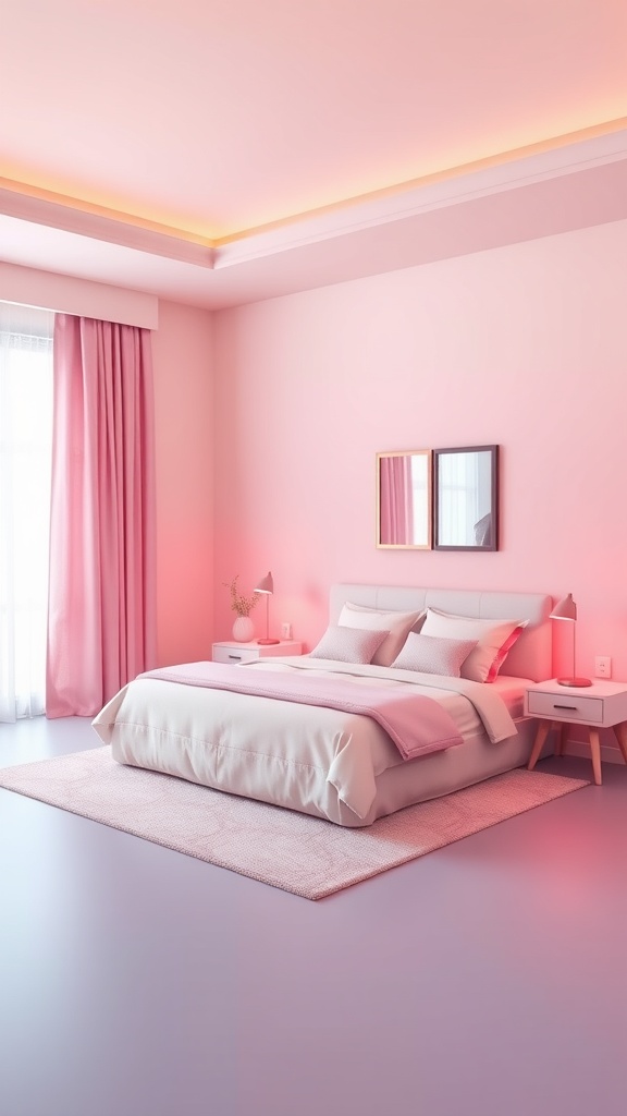 A modern bedroom featuring gradient pink colors on the walls, curtains, and bedding, creating a cozy atmosphere.