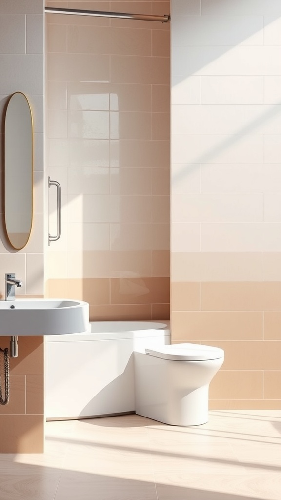 A modern bathroom featuring gradient tiles in warm shades, with a sleek sink and toilet.