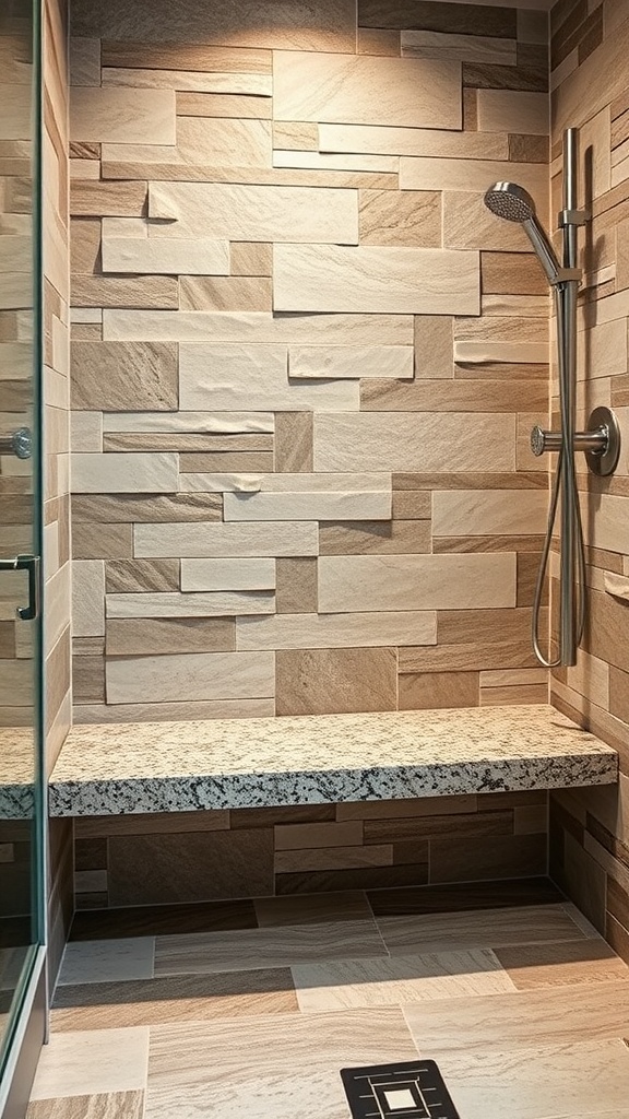Granite shower bench with textured stone wall tiles