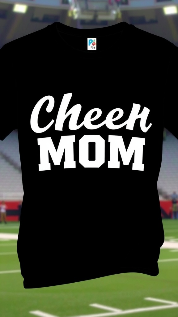 A black t-shirt with the words 'Cheer MOM' printed in bold white letters.