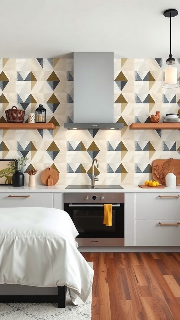 Modern kitchen with geometric graphic wallpaper backsplash, sleek cabinetry, and wooden shelves.
