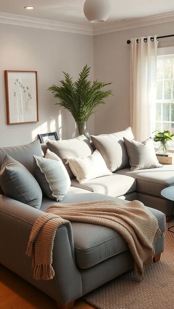 A cozy living room featuring a gray sectional sofa adorned with beige and gray pillows, a knitted throw blanket, and a potted plant.