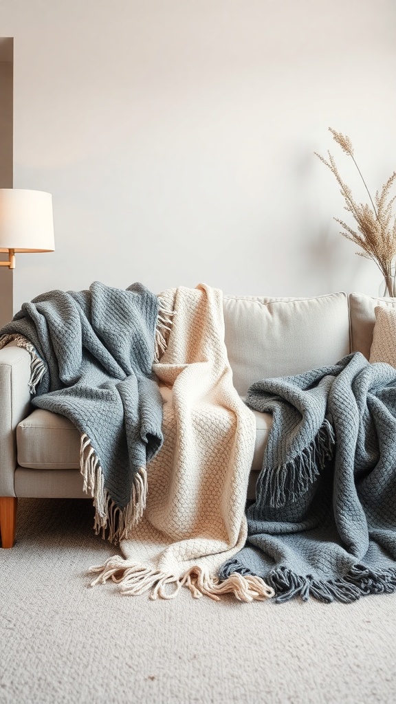 A cozy living room with gray and beige throw blankets draped over a light-colored sofa.