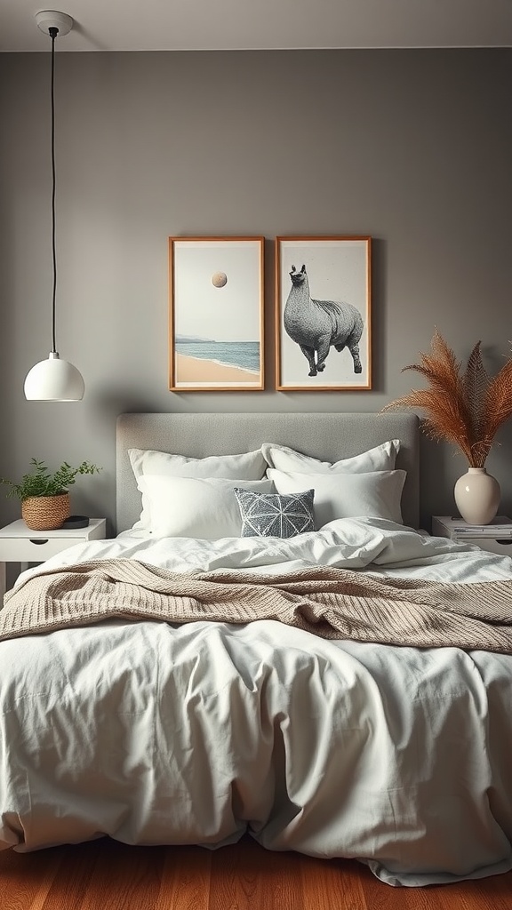 A cozy gray bedroom with white bedding, earthy accents, and playful artwork.