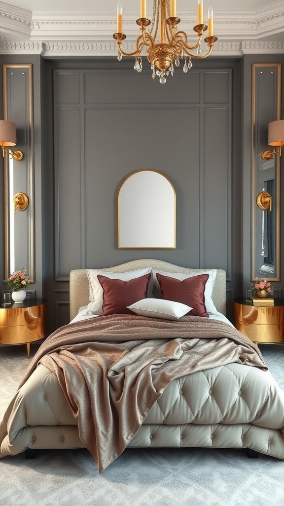 A luxurious gray bedroom featuring gold accents, a chandelier, and stylish decor.