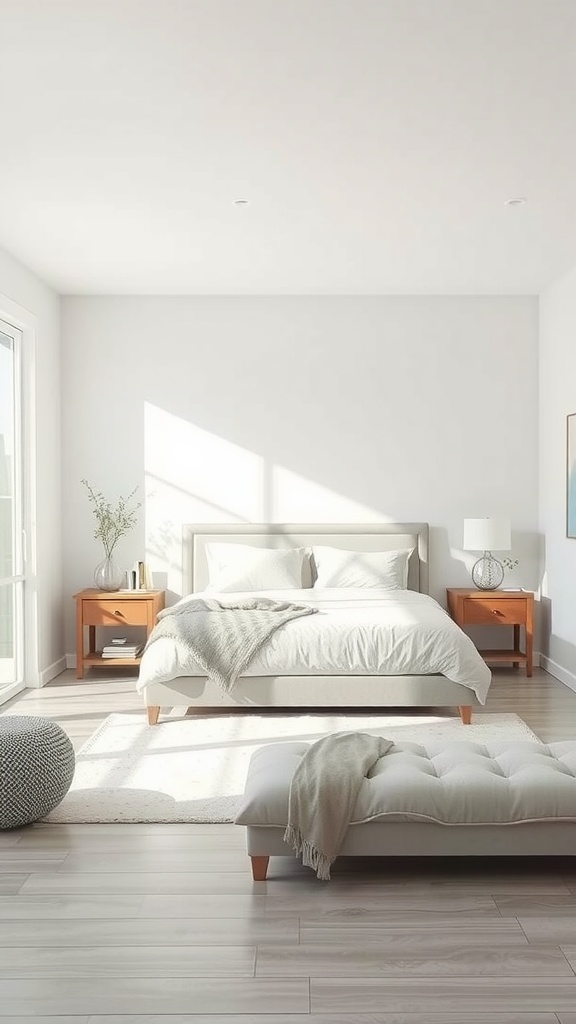 A modern gray bedroom with natural light, featuring a bed, nightstands, and a cozy bench.