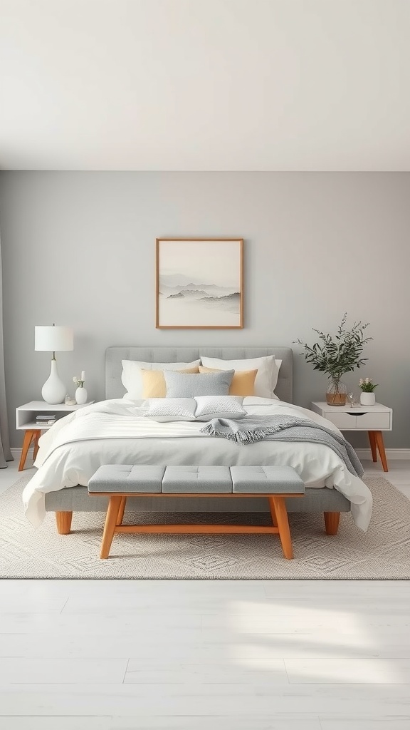 A gray bedroom featuring pastel accents with a cozy bed, light wood furniture, and soft decor.