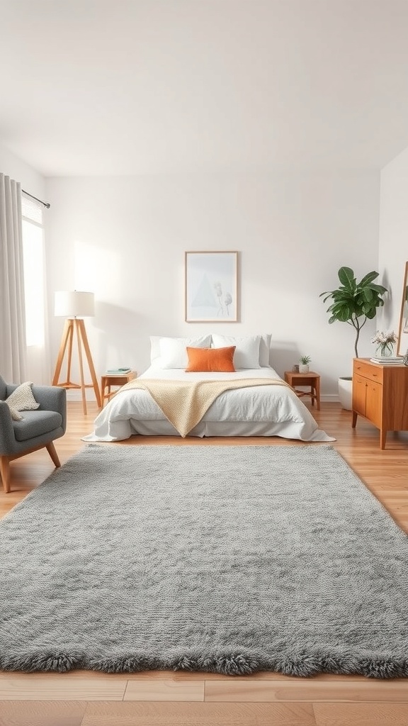 A cozy living room featuring a gray area rug on beige flooring, with a bed, gray chair, and wooden furniture.