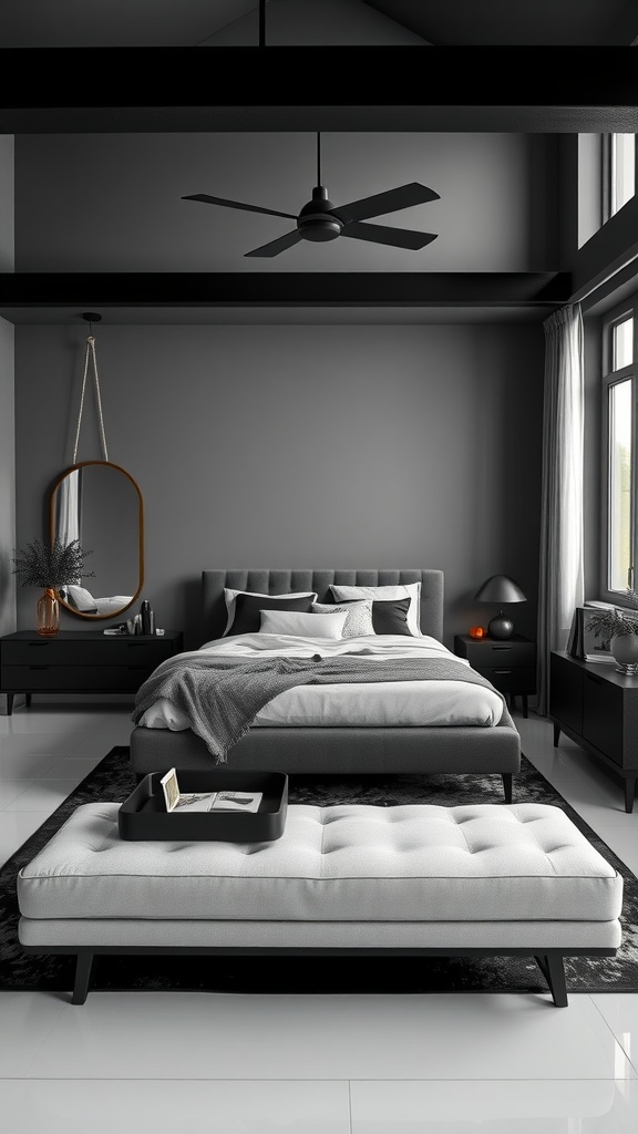 A modern gray bedroom with black accents, featuring a gray bed, black nightstand, and large windows.