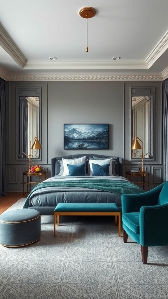 A stylish gray bedroom featuring teal accents and elegant decor.