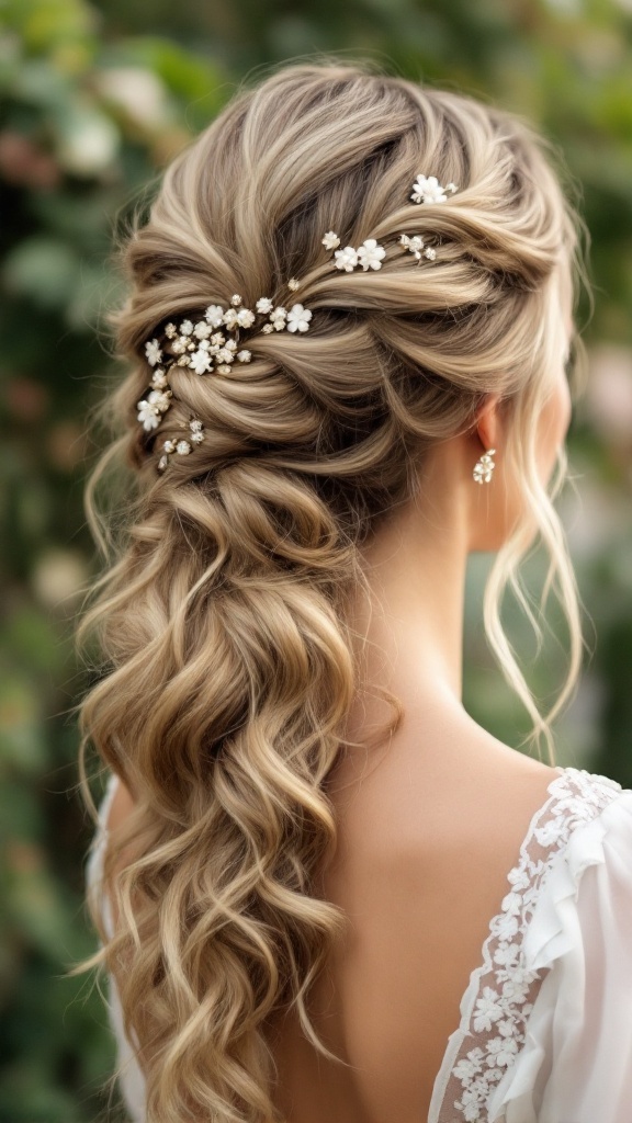 A beautiful Grecian twist hairstyle adorned with decorative pins, featuring soft waves and an elegant design.